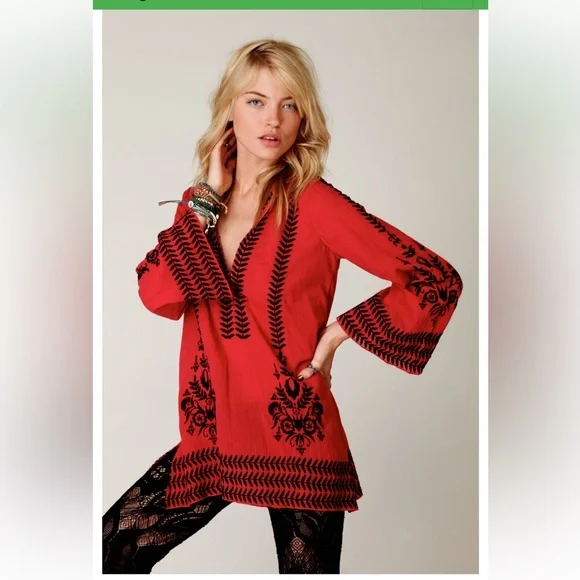 FREE PEOPLE Boho Embroidered Top Tunic or Mini Dress Hooded Swim Cover Up Red - Picture 1 of 15
